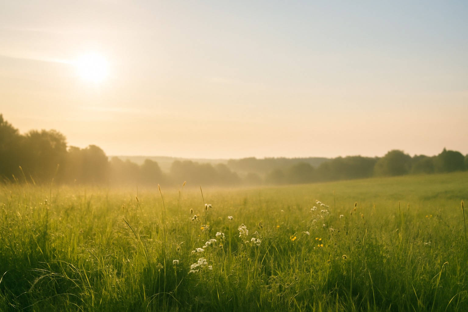 朝の光が差す草原の風景