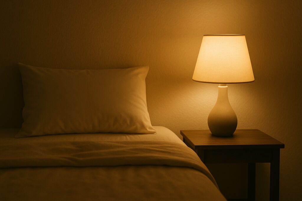 暖かい間接照明のベッドルーム（就寝前のイメージ）